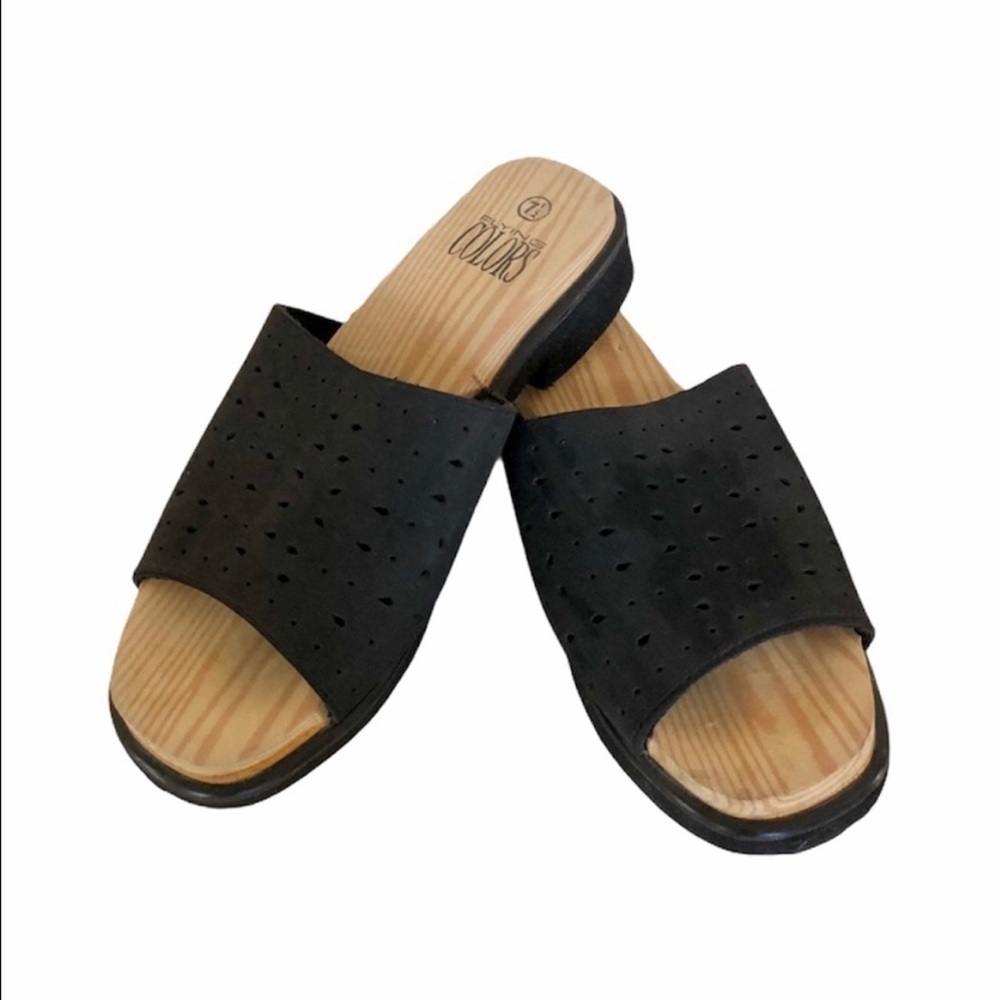 Black Foam Style Slip-On Sandals with Low Heel Faux Wood Grain Women’s size 7.5